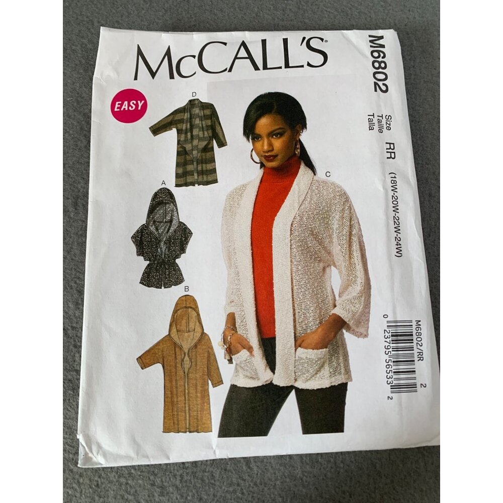 McCalls M6802 Easy Cardigan Hoodie Sewing Pattern Size 18W 20W 22W 24W uncut 201